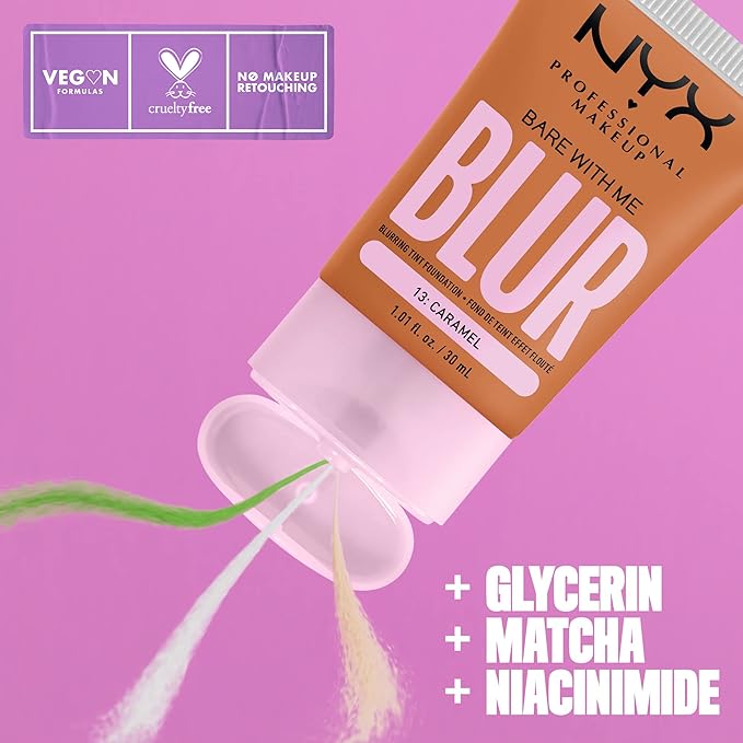 NYX PROFESSIONAL MAKEUP Bare With Me Blur Skin Tint Foundation Make Up with Matcha, Glycerin & Niacinamide - Caramel