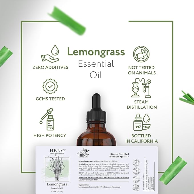 HBNO California Bottled Lemongrass Essential Oil 4 fl oz (120ml) - Natural Lemongrass Oil, Perfect for Cleaning, Aromatherapy, DIY, Soap & Diffuser -