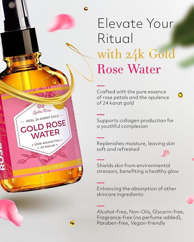 24 Karat Gold Rose Water Toner by Leven Rose Natural Moroccan 24K Rosewater Toner 4 oz