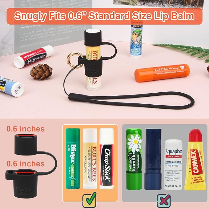Desing Wish Silicone Lip Balm Holder with Cap Cover Portable Chapstick Holder Keychain Sleeve Lip Balm Key Chain with Key Ring and Wrist Strap Lanyard - Black