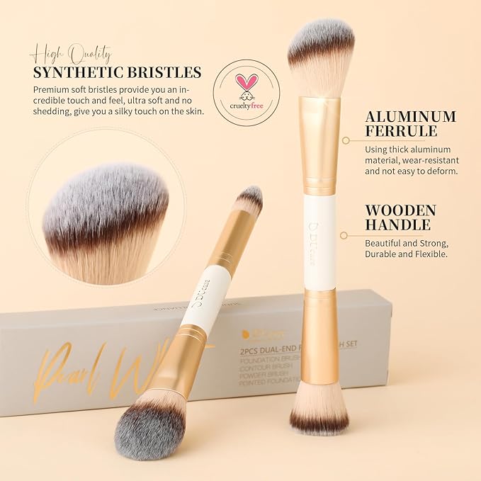 DUcare Makeup Brushes Duo End Foundation Contour Powder and Buffer Brush Bronzer Double Makeup Brush Set 2Pcs white
