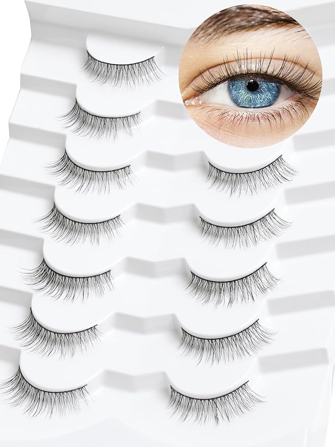 Natural Wispy Cat Eye Lashes - 3D Volume C Curl Eyelashes With Thin Band - 10mm Short Lashes - 7 Pairs