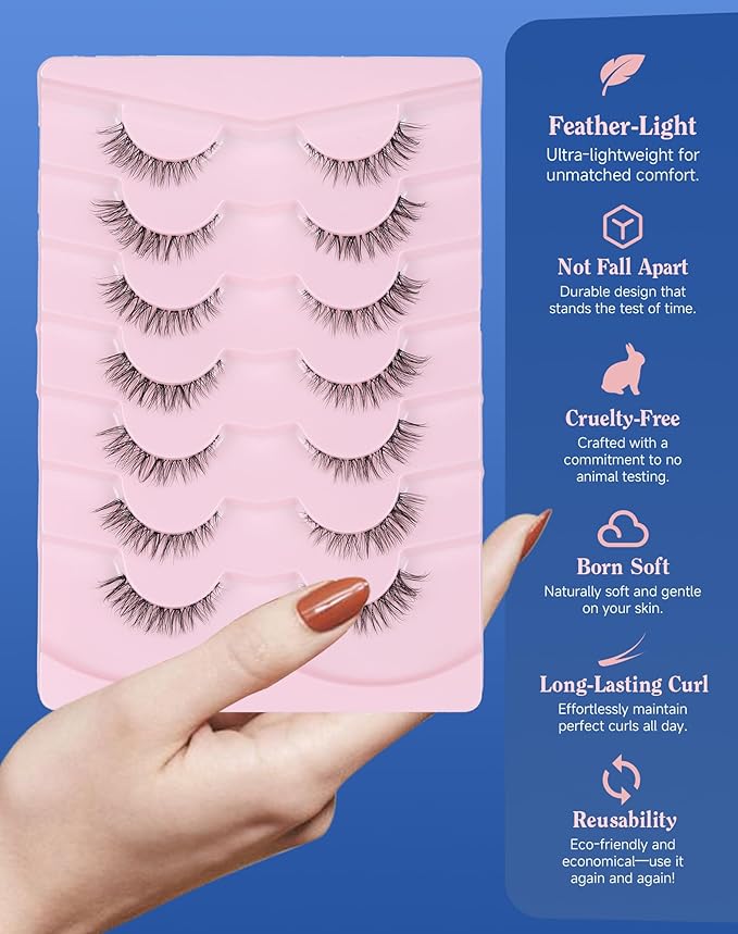 Small Lashes Wispy Short Eyelashes Natural Look Flared Strip False Eyelash Soft Clear Band Lash Pack 7 Pairs SF-07
