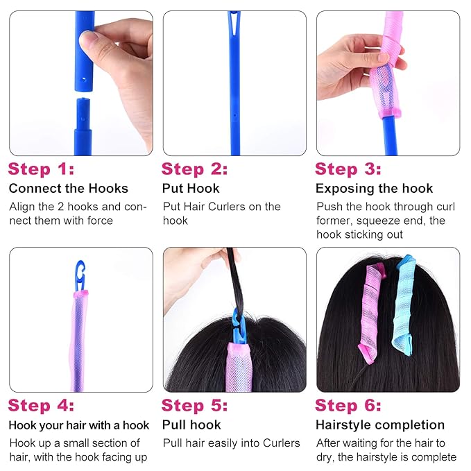 FEPITO 40 Pack Spiral Hair Curlers and Wave Styling Kit - No Heat Curlers and Hooks for All Lengths, 30cm/ 12inch