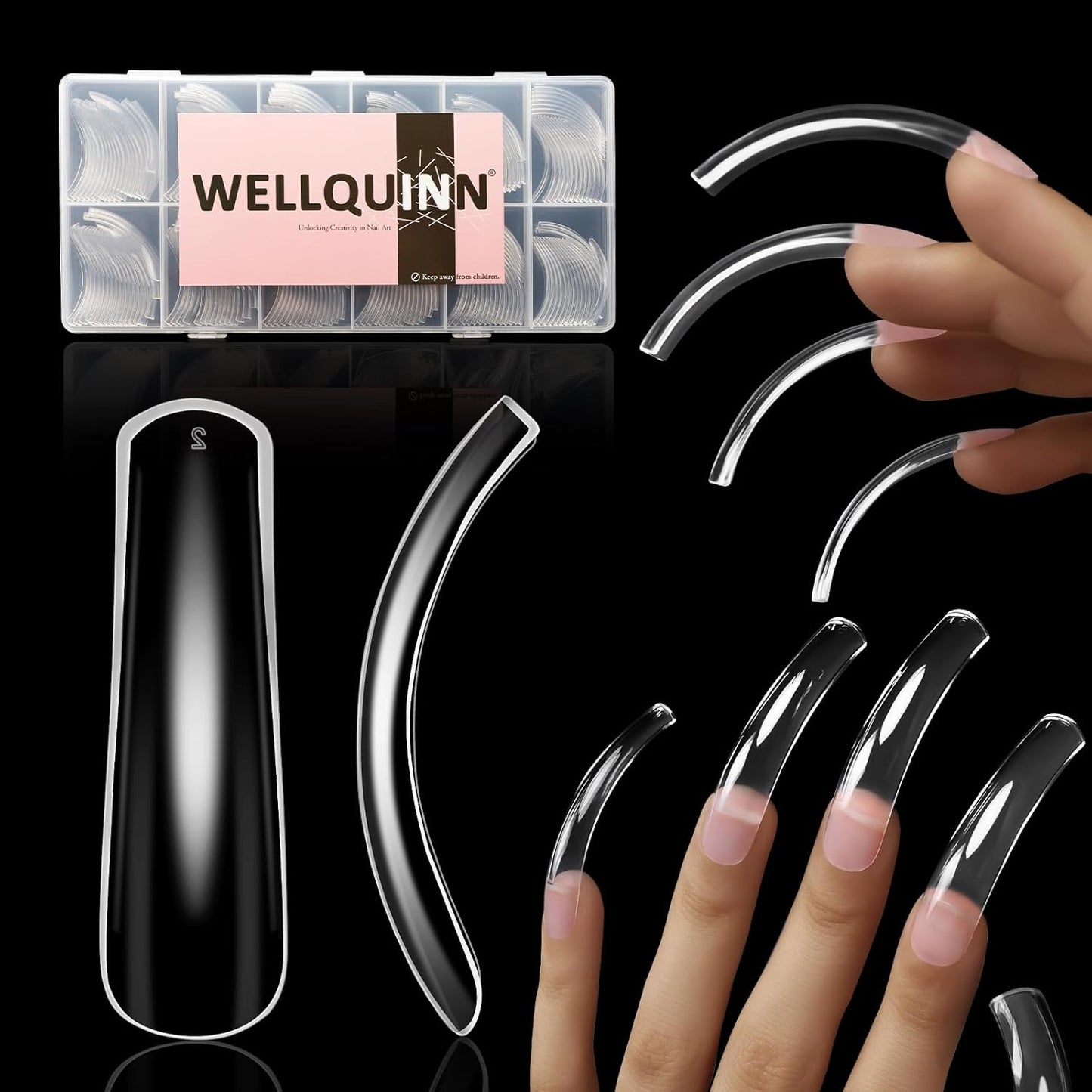 Curved Nail Tips Square Press on Full Cover Thicker Extra Curve Gel x Thick Long Acrylic Fake Nails, Clear Hard Gel French XXL False Nails for Nail Extension 12 Sizes 240 Pcs Q54 Pro