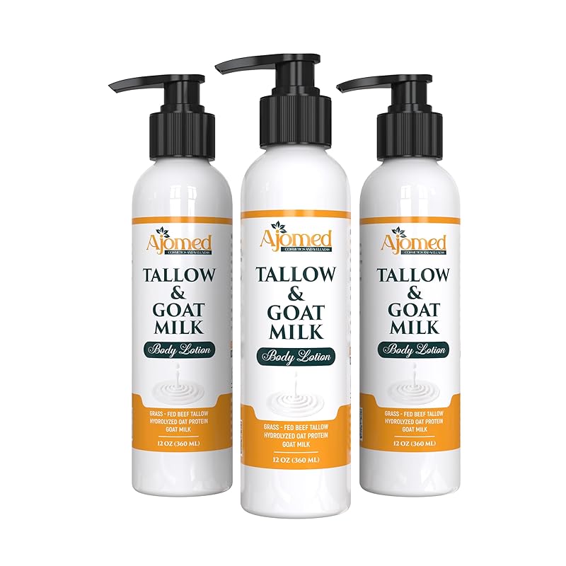 Grass Fed Beef Tallow & Goat Milk Body Lotion for Sensitive Skin, Organic Tallow Lotion - Soothes Dry Patches, dry skin eczema Moisturizer - Handmade Tallow Body Lotion (Sandalwood Vanilla, 12 Oz)