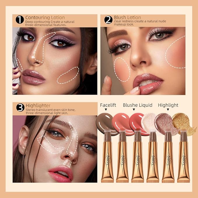 3PCS Liquid Contour Beauty Wand, Liquid Blush Highlighter Makeup Stick with Applicator, Cream Bronzer Stick Natural Matte Finish, Lightweight Blendable Cream Contour Highlighter Blush Wand