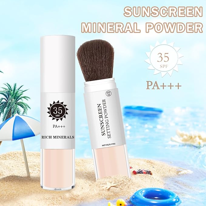 Mineral Sunscreen Setting Powder Mineral Brush Powder SPF 35 PA+++ Oil Control Matte Effect Lightweight Breathable Translucent Powder Setting Powder Sunscreen Makeup for Face with Brush-01 Translucent