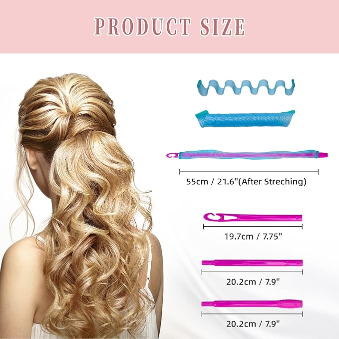 60pcs Heatless Hair Curlers Spiral and Wave Styling Kit 2 Styles No Heat Curlers with 2 Pieces Hooks for Women Girl's Short Medium and Long Hair((21.8 Inch/55 cm)