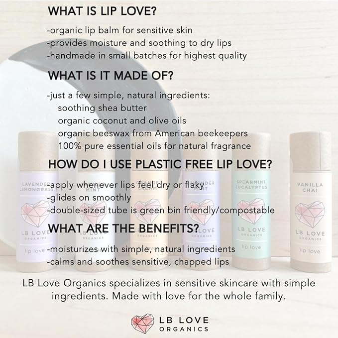 Plastic Free Lip Love | Jumbo Organic Lip Balm | Organic Beeswax and Plant Based | Zero Waste Natural Lip Balm (Spearmint Eucalyptus)