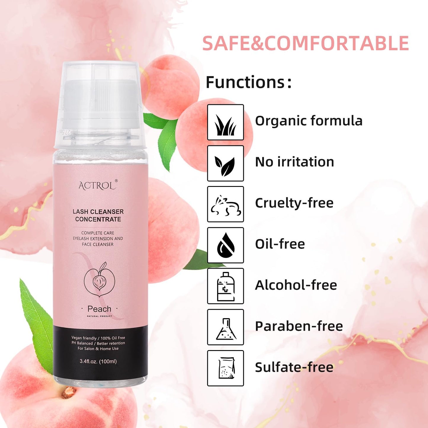 Eyelash Shampoo Concentrate 100ml Lash Extensions Cleanser Concentrate Peach Foaming Shampoo DIY Paraben & Sulfate Free Wash for Lashes with Salon Home Care-Makes 60ml Bottles