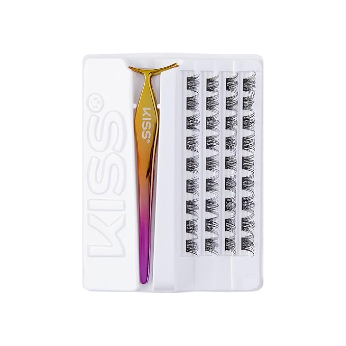 KISS imPRESS Falsies Self Adhesive Eyelashes, Press On Lashes, 12mm-14mm Glam Volume Lashes, Black, No Glue Needed, Invisible Band, 36 Lash Clusters & Non-Stick Applicator - Voluminous