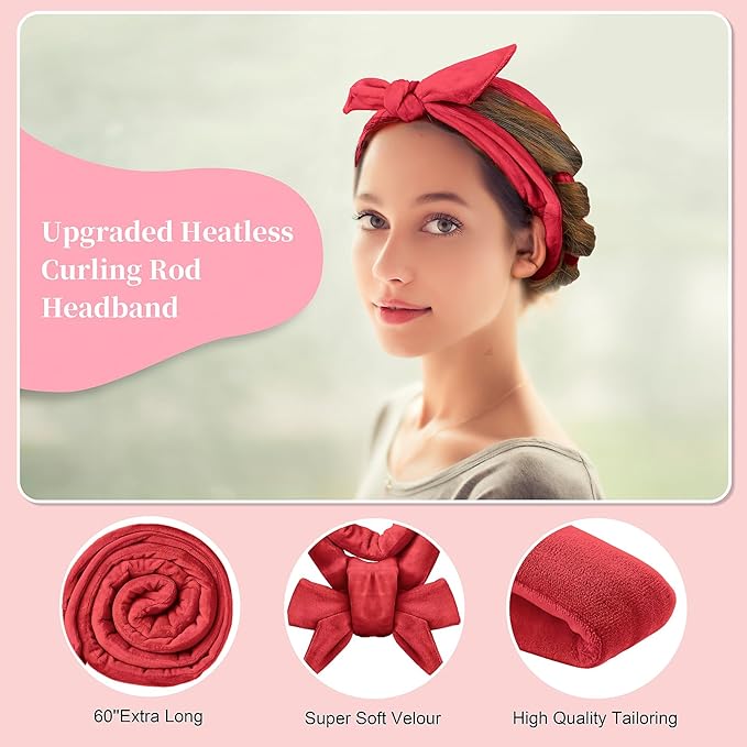 Heatless Curling Rod Headband, Upgraded 60" Extra Long Heatless Curls Headband Soft Hair Curlers to Sleep In Hair Rollers No Heat Curls (Red)