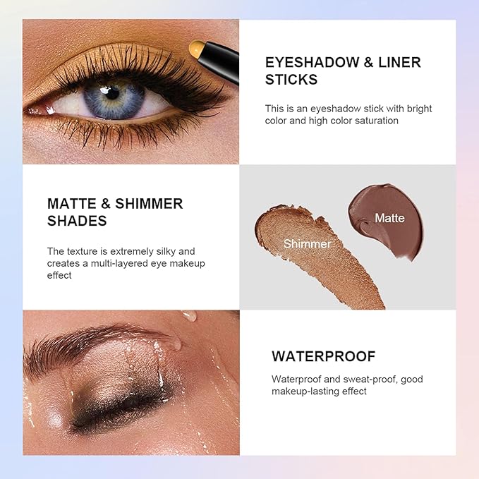 Eyeshadow Stick, Shimmer and Matte Cream Eye Shadow Brightener Sticks Eyeliner Pencil Crayon, Waterproof Long Lasting Eye Highlighter Stick Makeup,0.056 Oz (5PCS Shimmer)