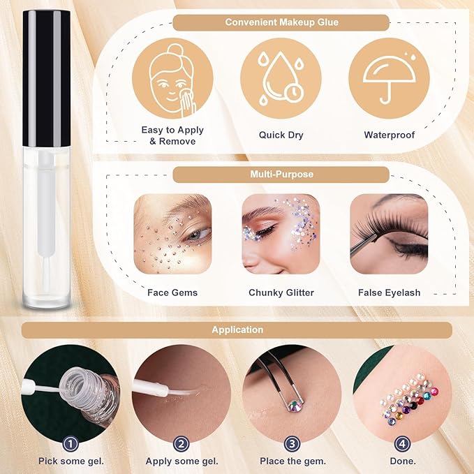 Colorful Face Gems for Makeup Set, Flatback Gorgeous Clear Glass Gem and Mixed-Colored Crystals with Makeup Glue+Picker Pencil+Tweezer+Dual-End Dotting Tool for Eye Body Hair Make-up and Nail Art Deco