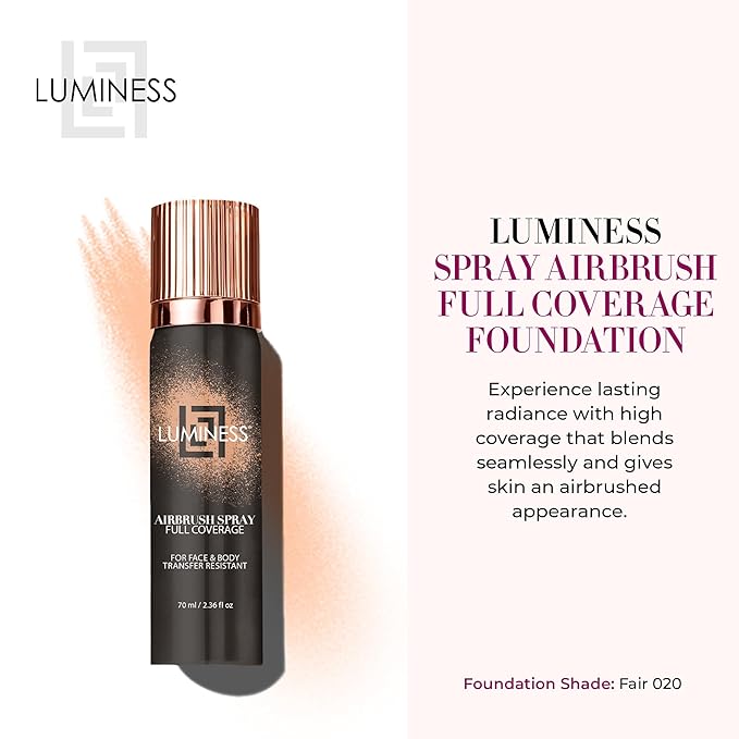 LUMINESS Spray Airbrush Foundation Makeup, Fair Shade 020 - Lightweight, Full Coverage Foundation for Face, Neck, & Body - Concealer for Seamless Blending, Natural-Looking Finish, 2.36 fl oz