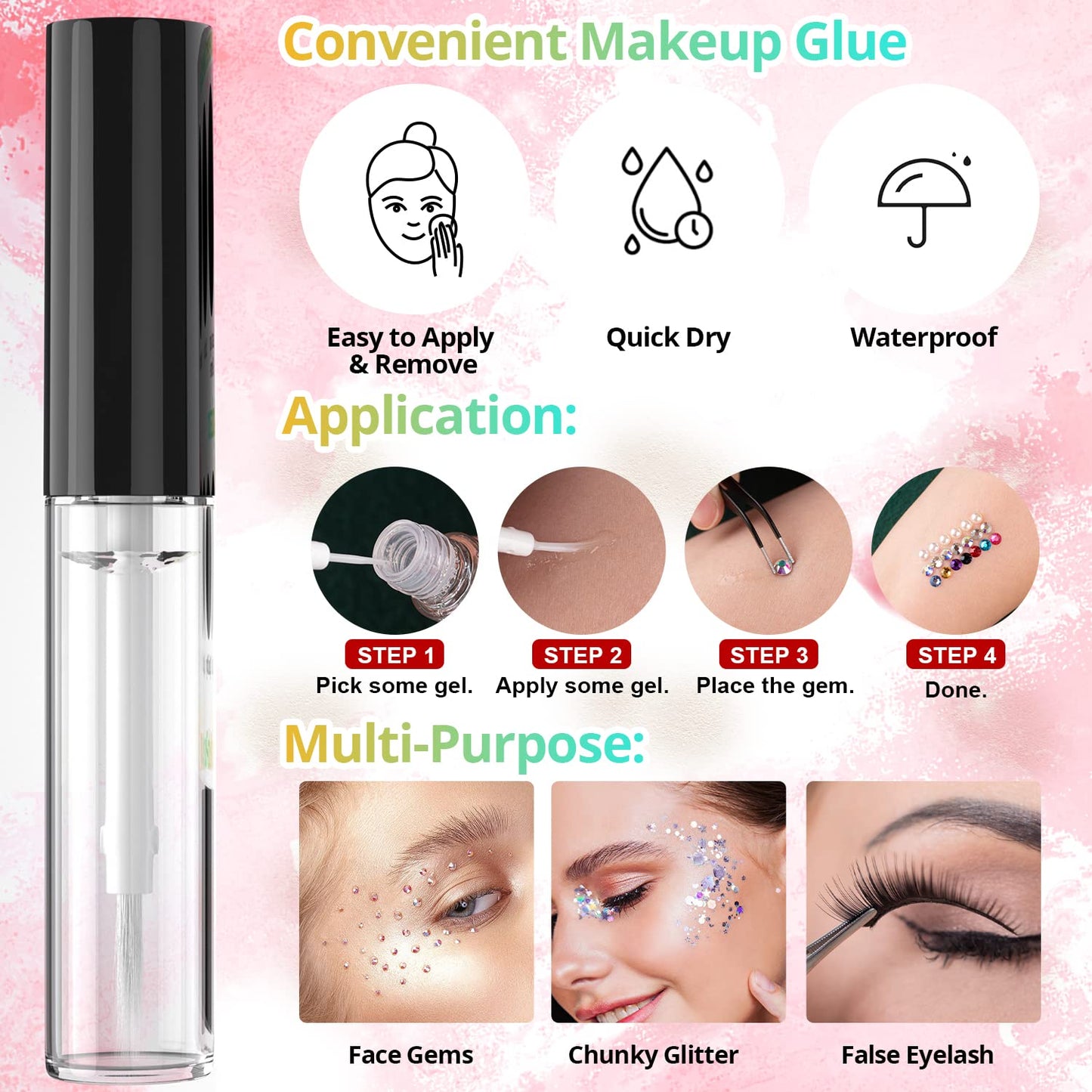 Colorful Flatback Face Gems and Beige Pearls for Makeup with Quick Dry Glue, Half Round Pearls Nail Art Rhinestones Glass Crystal Beads for Make-up Deco with Pickup Pencil + Tweezer