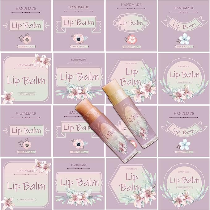 CRASPIRE Lip Balm Labels 80pcs Homemade Lip Balm Labels 2” Clear Lip Balm Labels for Tubes Printable Waterproof Lip Balm Stickers Labels for Lip Balm Handcream Candle Container（Flowers-Pink Purple）