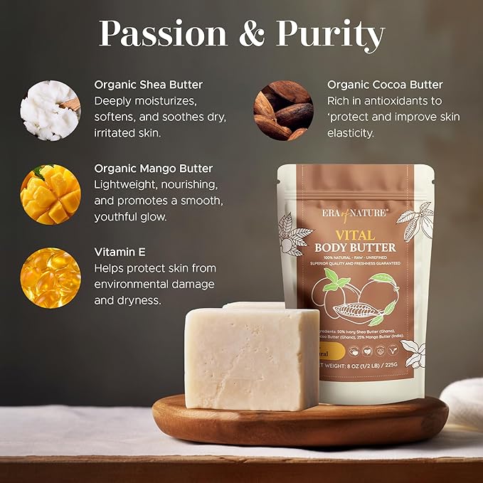 Era of Nature Organic Shea, Mango & Cocoa Body Butter – Raw, Unrefined, 100% Natural – Perfect Base for DIY Skincare, Body Butters, Lotions, Soaps & Lip Balms – Essential for Homemade Creations – 16oz