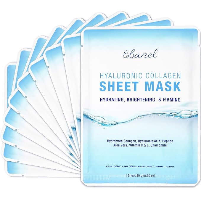 Ebanel 10 Pack Collagen Face Mask with Hyaluronic Acid, Vitamin C, Peptide, Aloe, Instant Brightening Hydrating Face Masks Skincare Korean Sheet Mask, Skin Firming, Lifting Anti Aging Facial Masks