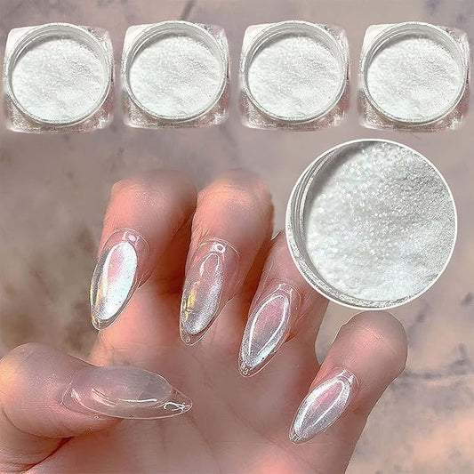 4pc Pearl Chrome Nail Powder Ice Transparent Chrome Powder for Nails, Rainbow Holographic Nail Chrome Powder for Manicure Decorations(4pc White)