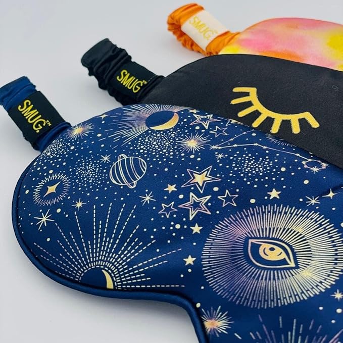 SMUG Satin Sleep Mask & Eye Mask - Deep Dream Sleep Masks for Women & Men - Soft Sleeping Eye Mask to Nourish Skin, & Reduce Dark Circles - Eye Sleep Mask to Block Out Light - Blue Celestial 3-Pack