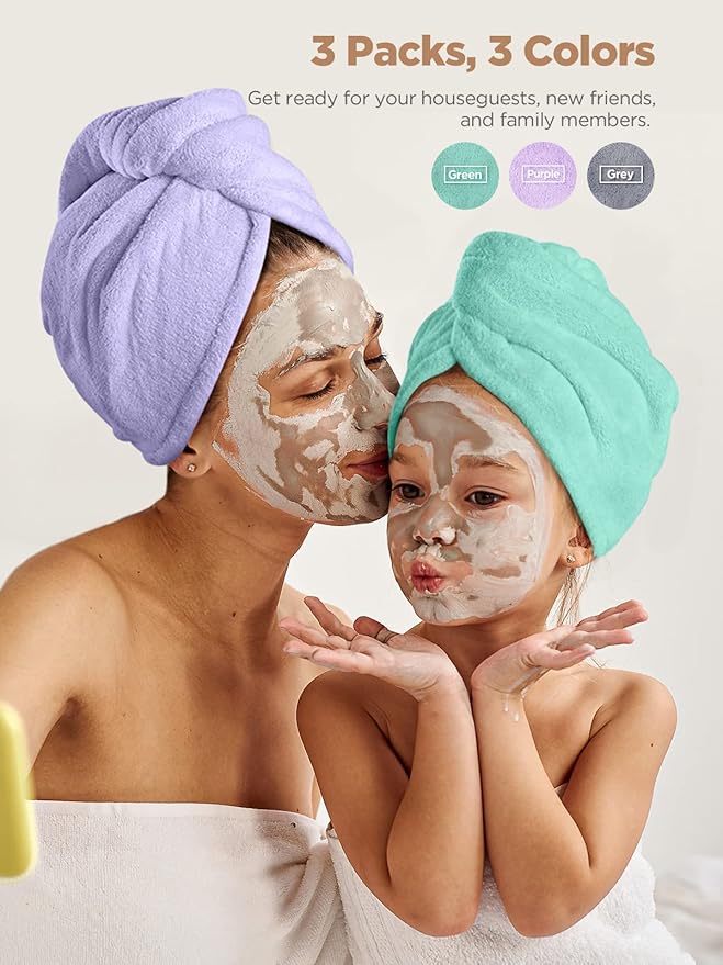 Hicober Microfiber Towel, Turbans for Wet Hair, Drying Wrap Towels for Curly Hair Women Towel Wrap for Kids-Purple,Green,Grey-Pack of 3