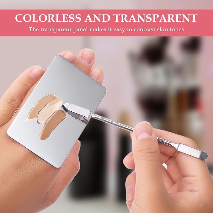 Makeup Mixing Palette with Handle Stainless Steel Makeup Spatula Palette with Foundation Spatula Multifunction Foundation Mixing Palette & Makeup Mixer for Mixed Cosmetics (2.9×1.9",Silver)