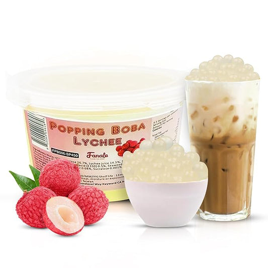 Fanale Lychee Popping Boba Pearls, Vegan, Non GMO, Gluten Free, Fat Free, Perfect for Bubble Tea, Smoothies, Ice Cream, Desserts, and Beverages 1lb x 12.