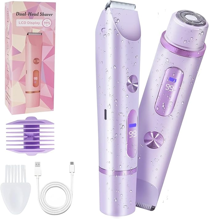 Bikini Trimmer for Women Electric Razors for Women Women's Electric Razor 2 in 1 Shaver Pubic Hair Trimmer Ipx7 Waterproof Wet Dry Use Bikini Shaver for Ladies Pubic, Legs, Face, Underarms (Purple)