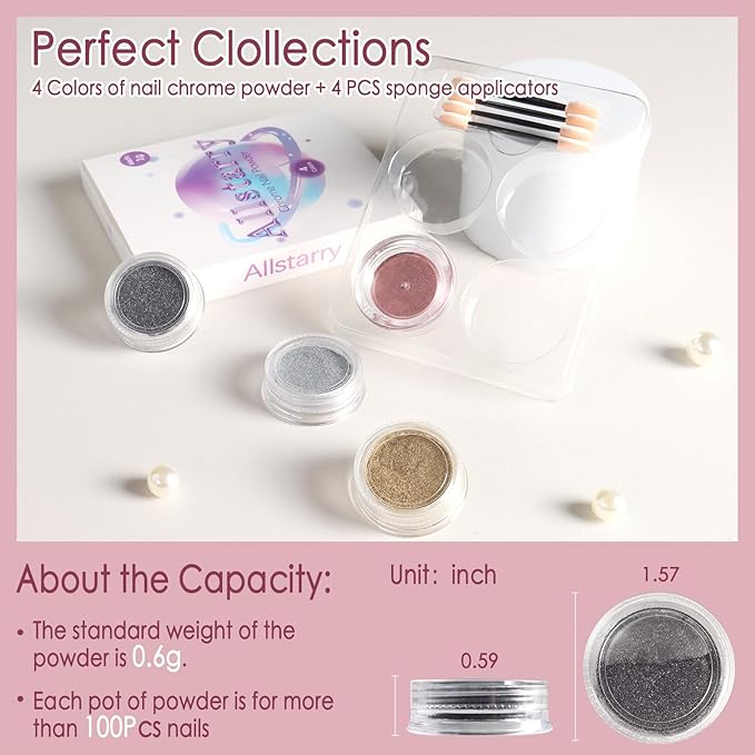 Allstarry Gold and Silver Chrome Nail Powder, 4 Colors Metallic Effect Mirror Chrome Powder Pigment Holographic Manicure Pigment Gold Siver Pink Chrome Nail Glitter