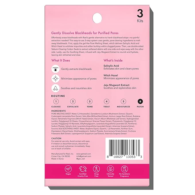 Rael Blackhead Remover, Miracle Patch Melting Pack, Nose Strips for Blackheads, Pore Cleansing and Soothing Sheets, 3 Step Kit, Sebum Removing Cotton Swabs, Dermatologist Tested