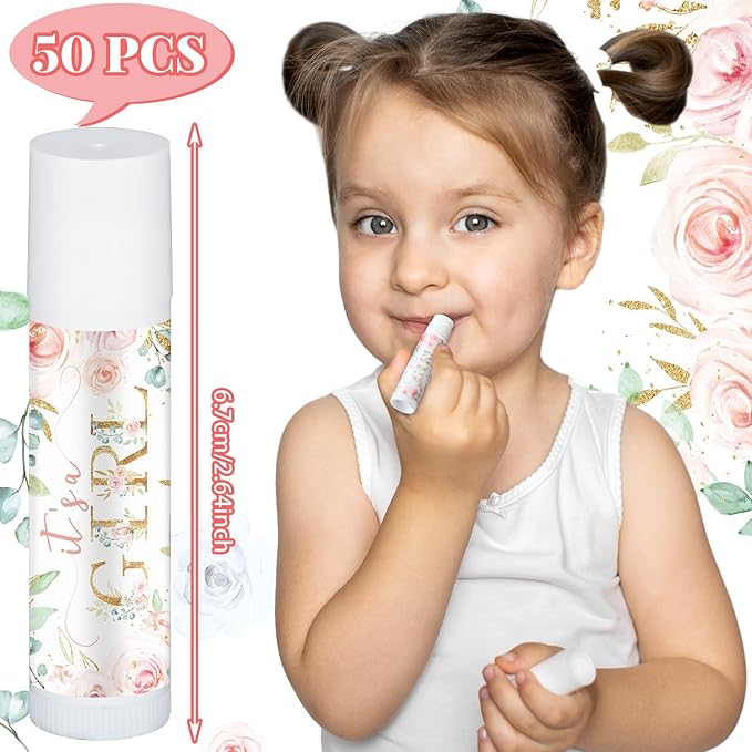 50 Pack Floral Baby Shower Lip Balm Party Supplies Bulk for Girls Guests It's a Girl Baby Shower Gifts Gender Reveal Favors Prizes Souvenirs Winners Thank You Appreciation Gifts