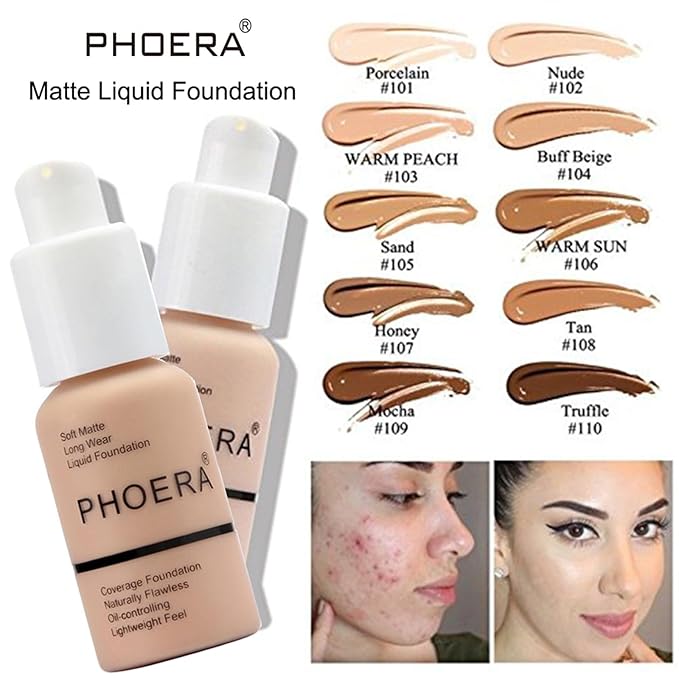 PHOERA Foundation, PHOERA Contour Palette,Shades with Highlighter & Bronzer & Blush,PHOERA Makeup Lightweight Long Lasting Wrinkles Matte Natural Finish (108+180CC+N05/ Tan+ Tan+Tan)
