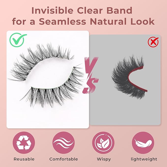 Wispy Lashes - Natural False Eyelashes Strip Lashes with Clear Band for Daily Wear 7 Pairs Cat Eye Lashes 12mm Reusable Fake Lashes That Look Like Extensions