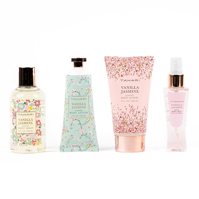 Tahari Spa Gift Set for Women, Vanilla Jasmine Spa Set, Bath Kit for Women Gift Set Includes Body Lotion, Body Wash, Body Scrub, Lotion Gift Set for Women, Birthday Gifts For Women - (Floral)