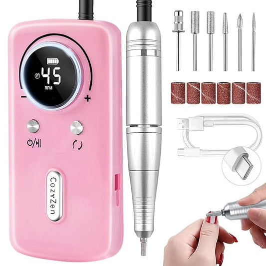 CozyZen Cordless Nail Drill Professional: 45000 RPM Rechargeable Electric Nail File Kit, Portable & Low Noise for Acrylic, Gel Nails, Manicure & Pedicure - Salon & Home Use