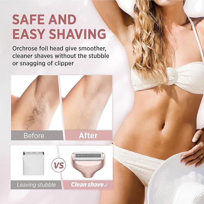 Electric Razor for Women Body: Rechargeable Painless Electric Shaver for Bikini Face Body Legs Underarms - 3-in-1 Blade and Rotary Shaving Head (Rose Gold)
