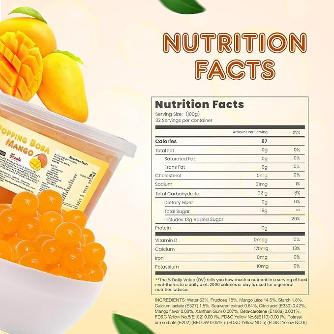 Fanale Mango Popping Boba Pearls, Vegan, Non GMO, Gluten Free, Fat Free, Perfect for Bubble Tea, Smoothies, Ice Cream, Desserts, and Beverages.