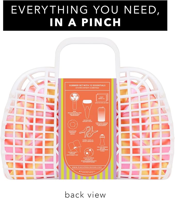 Pinch Provisions Super Summer Jelly Tote, 12 Beach & Poolside Accessories For Beauty, Perfect for Pool & Beach Days, Includes Oil Absorbing Roller, Rechargable Fan, Towel Clips, & Ice Roller