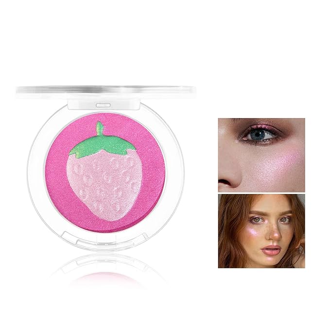 Face Highlighter Makeup Palette, Glossy Glitter Highlight Brightening Contouring Palette Natural Shiny Contour Makeup Illuminator Longlasting Lightweight, Blush&Highlighter (#03 Strawberry)