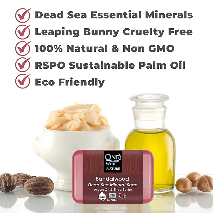 One With Nature Dead Sea Salt Sandalwood Soap 7oz 3-Pack – Purifying and Exfoliating Soap Bar with Dead Sea Minerals and Sandalwood for Face & Body, for Men & Women