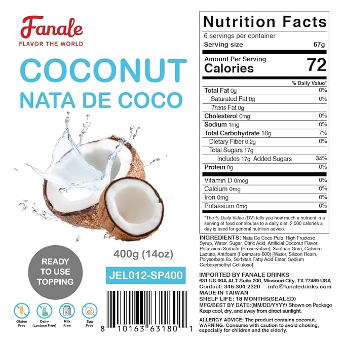 Fanale Coconut Jelly Topping nata de coco for Bubble Tea 400 g | Coconut Flavor Jelly | for Boba Tea, Smoothies, Slushes, Desserts 400g