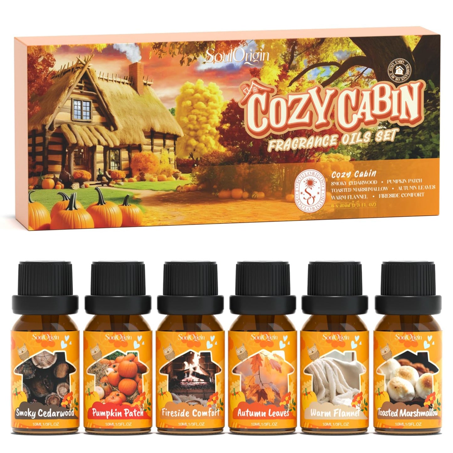 Fall Cozy Cabin Fragrance Oils Set, Essential Oil for Diffuser, Use for Soap Candle Making-Smoky Cedar Wood, Roasted Marshmallows, Autumn Leaves, Warm Flannel, Fireplace Time, Pumpkin Patch