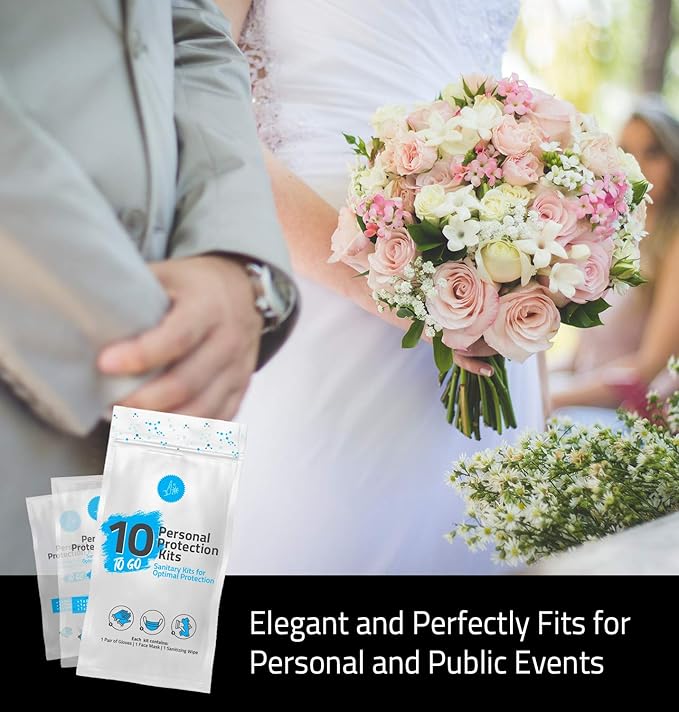 All-in-One Personal Protection Kits to GO - 10 Pack - With Plastic Gloves, Hand Cleansing Wipes, Disposable Face Mask