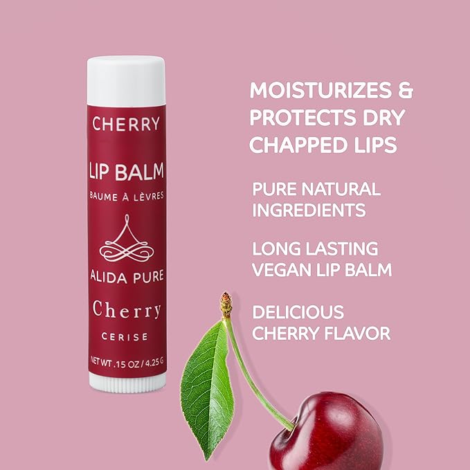 Cherry Lip Balm Collection, Vegan Lip Balm Set, Beeswax Free, with Avocado Oil, Organic Jojoba Oil, and Vitamin E, Natural Moisturizer for Dry, Chapped Lips, 3 Tube Set