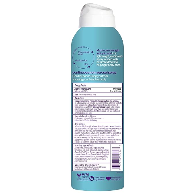 Pacifica Bacne Acne Cleanser Spray - Bacne Warrior - Body Spray for Acne Treatment - w/ 2% Salicylic Acid Niacinamide & Aloe - for Body, Chest & Back Acne for Teens & Adults Vegan Dermatologist Tested