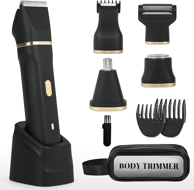 Electric Bikini Trimmer for Women - 5 in 1 Rechargeable Electric Razors for Women, IPX7 Waterproof Pubic Hair Trimmer, Painless Womens Body Shaver, Facial Razor & Nose Hair Shaver, Black