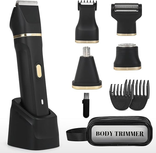Electric Bikini Trimmer for Women - 5 in 1 Rechargeable Electric Razors for Women, IPX7 Waterproof Pubic Hair Trimmer, Painless Womens Body Shaver, Facial Razor & Nose Hair Shaver, Black