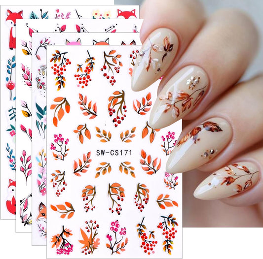 4pcs Fall Nail Stickers for Nail Art, 3D Autumn Fox Leaves Flowers Nail Decals Thanksgiving Leaf Pattern 3D Self-Adhesive Nails Sliders Fall Sticker for Nails Decoration DIY Manicure Accessories
